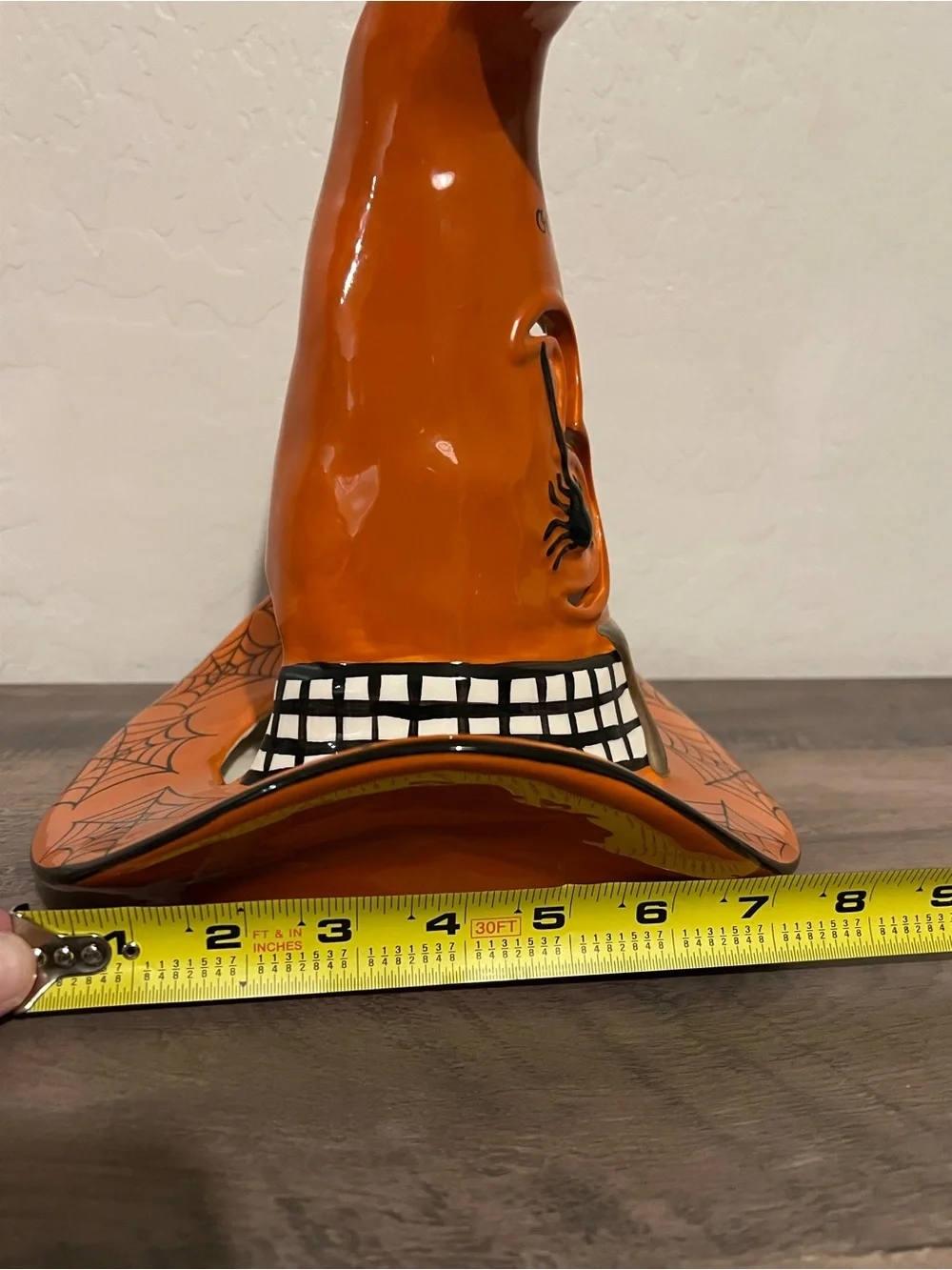 Blue Sky October 31 Orange Spider Web Witch Hat Ceramic Halloween Candle Holder